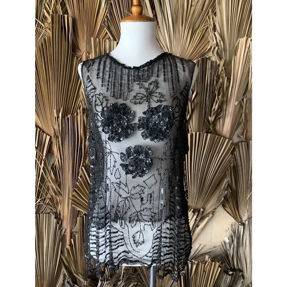 Vintage 1920's Net & Sequin Blouse size Small Antique Metal Sequins Glass Beads - Picture 1 of 9